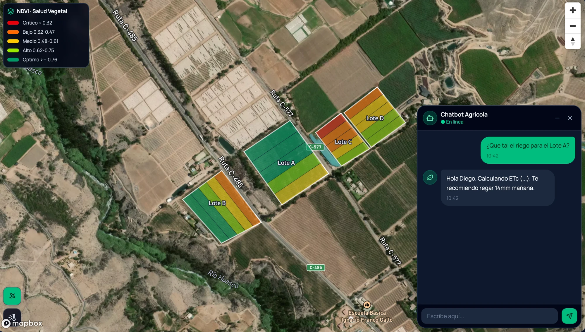 Monitoreo de salud vegetal NDVI sobre cultivos con chatbot agrícola de IA